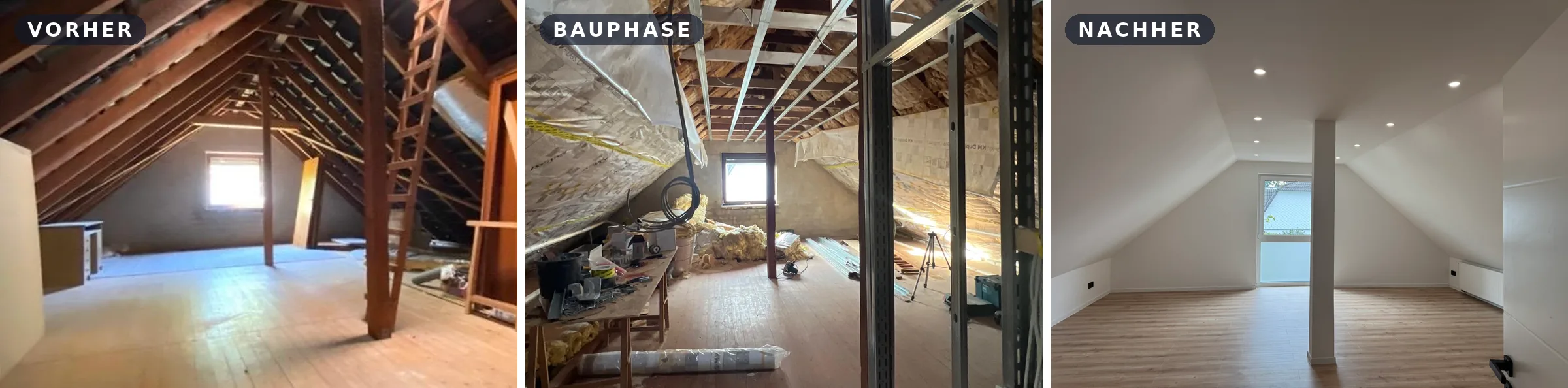 Dachgeschossausbau in Hamburg-Poppenbüttel im Vergleich, jeweils mit Blick zum Giebelfenster: unausgebauter Dachboden mit offenem Holzdachstuhl und kleinem Fenster, Bauphase mit Metallständerwerk, Dämmung und Kabeln, fertiger Wohnraum unter der Dachschräge mit größerem Giebelfenster