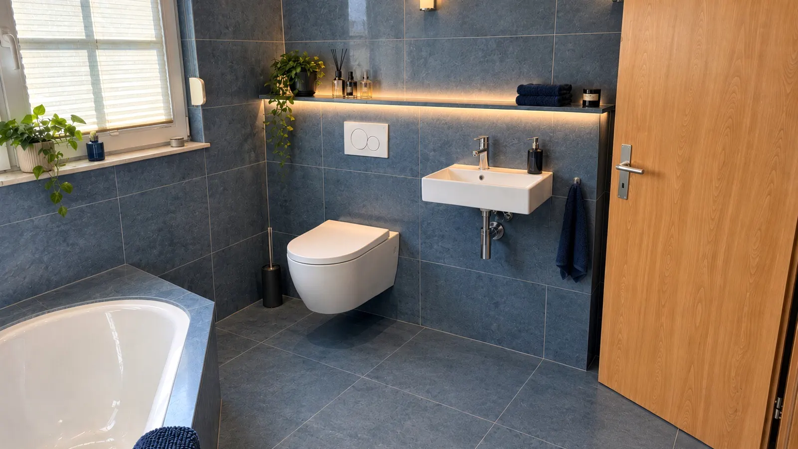 Saniertes Bad mit großformatigen blaugrauen Fliesen, wandhängendem WC, Waschbecken und indirekter LED-Beleuchtung unter einer Ablage