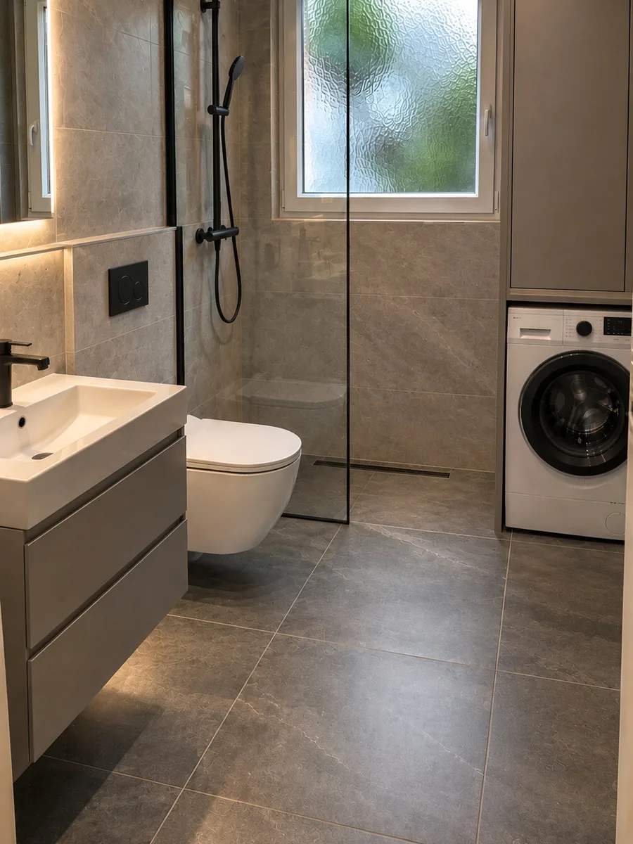 Nachher: dasselbe kleine Bad mit bodengleicher Dusche hinter Glaswand, großformatigen grauen Fliesen, wandhängendem WC, Waschtisch mit Unterschrank, LED-Beleuchtung und integrierter Waschmaschine
