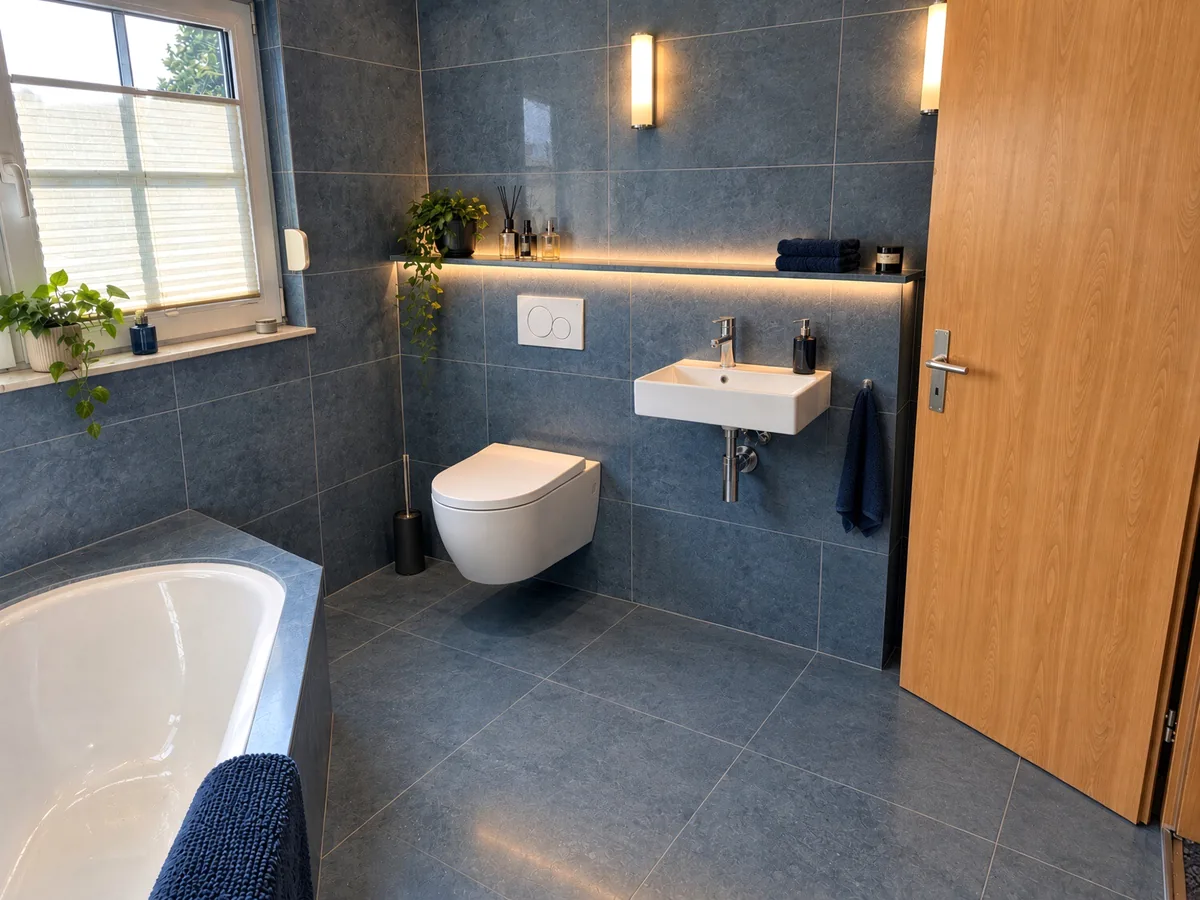 Nachher: fertiges Bad mit wandhängendem WC, großformatigen Fliesen an Wand und Boden und indirekter LED-Beleuchtung